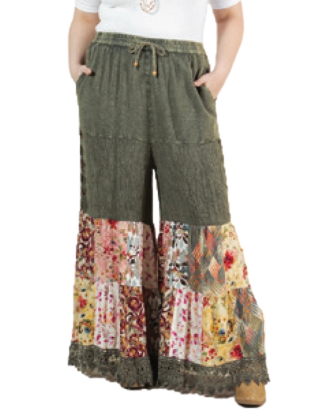 YOUNG THREADS Women’s (Gravel) Patchwork Embroidered Mineral Wash Wide Leg Pants - Picture 3 of 8